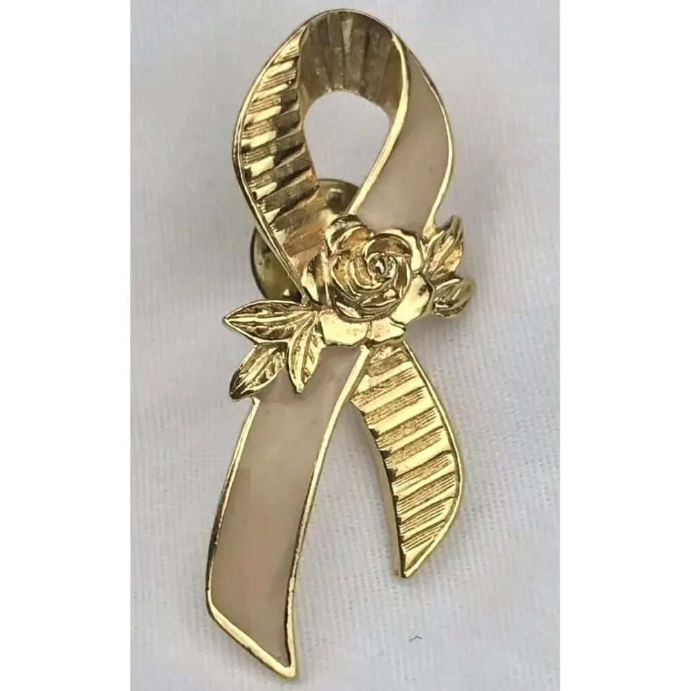 Avon Gold Tone Pink Awareness Ribbon Rose Lapel Pin Vintage Brooch